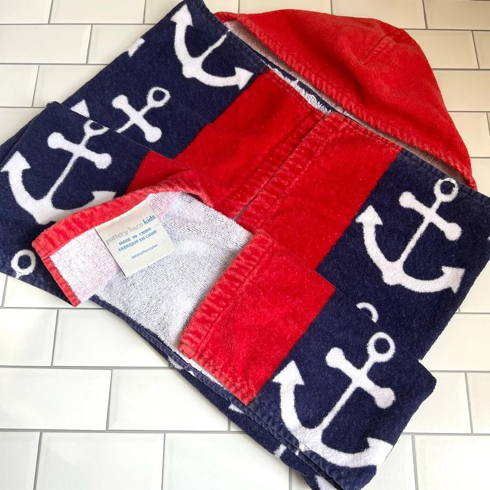 💙⚓️❤️ Pottery Barn Kids Anchor Baby Hooded Beach Bath Towel Red White Navy Blue